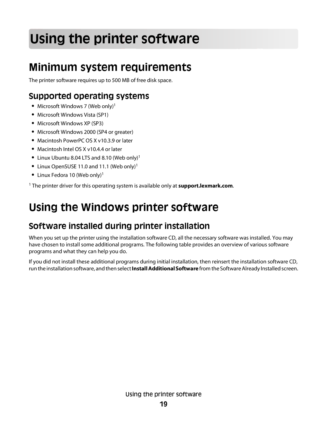 Lexmark 10E, 101 manual Using th e printe r so f t w are, Minimum system requirements, Using the Windows printer software 