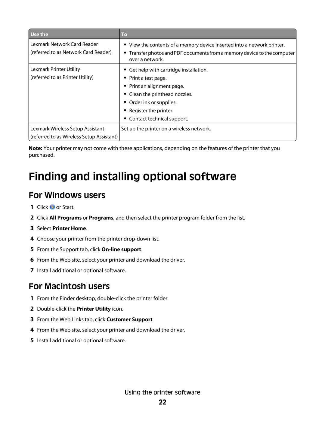 Lexmark 101, 10E Finding and installing optional software, For Windows users, For Macintosh users, Select Printer Home 