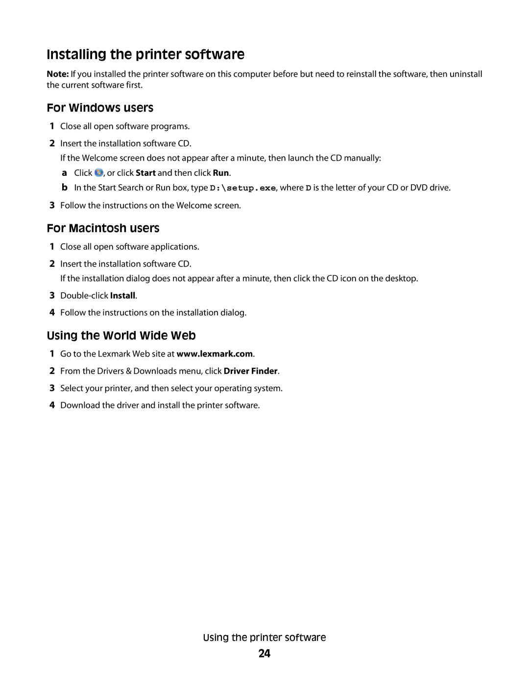 Lexmark 101, 10E manual Installing the printer software, Using the World Wide Web 