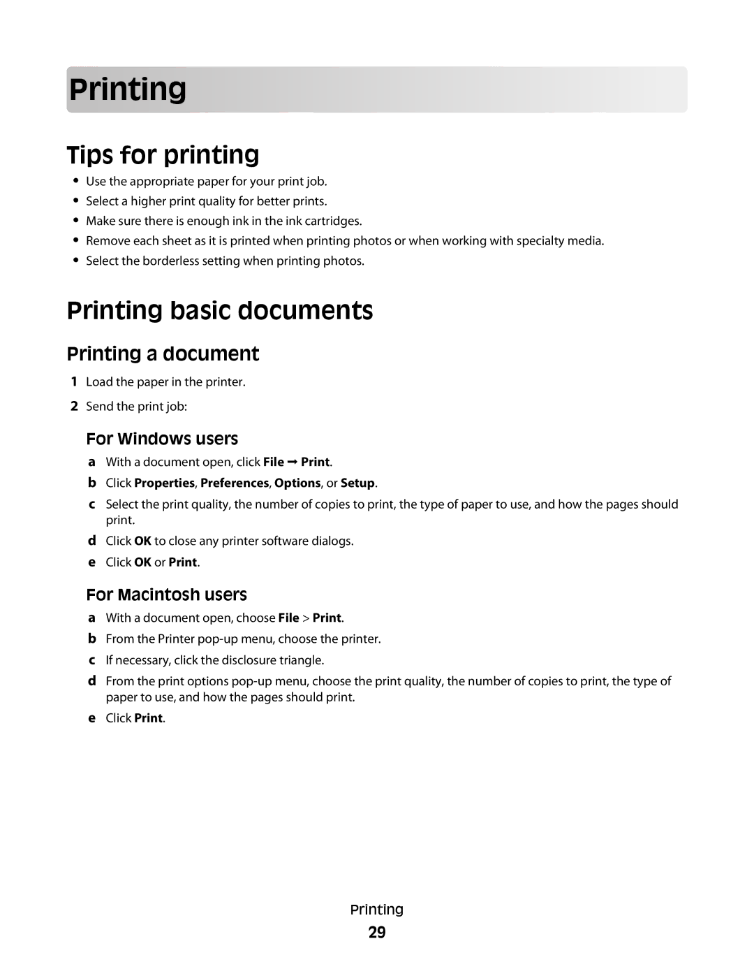 Lexmark 10E, 101 manual Prin ting, Tips for printing, Printing basic documents, Printing a document 