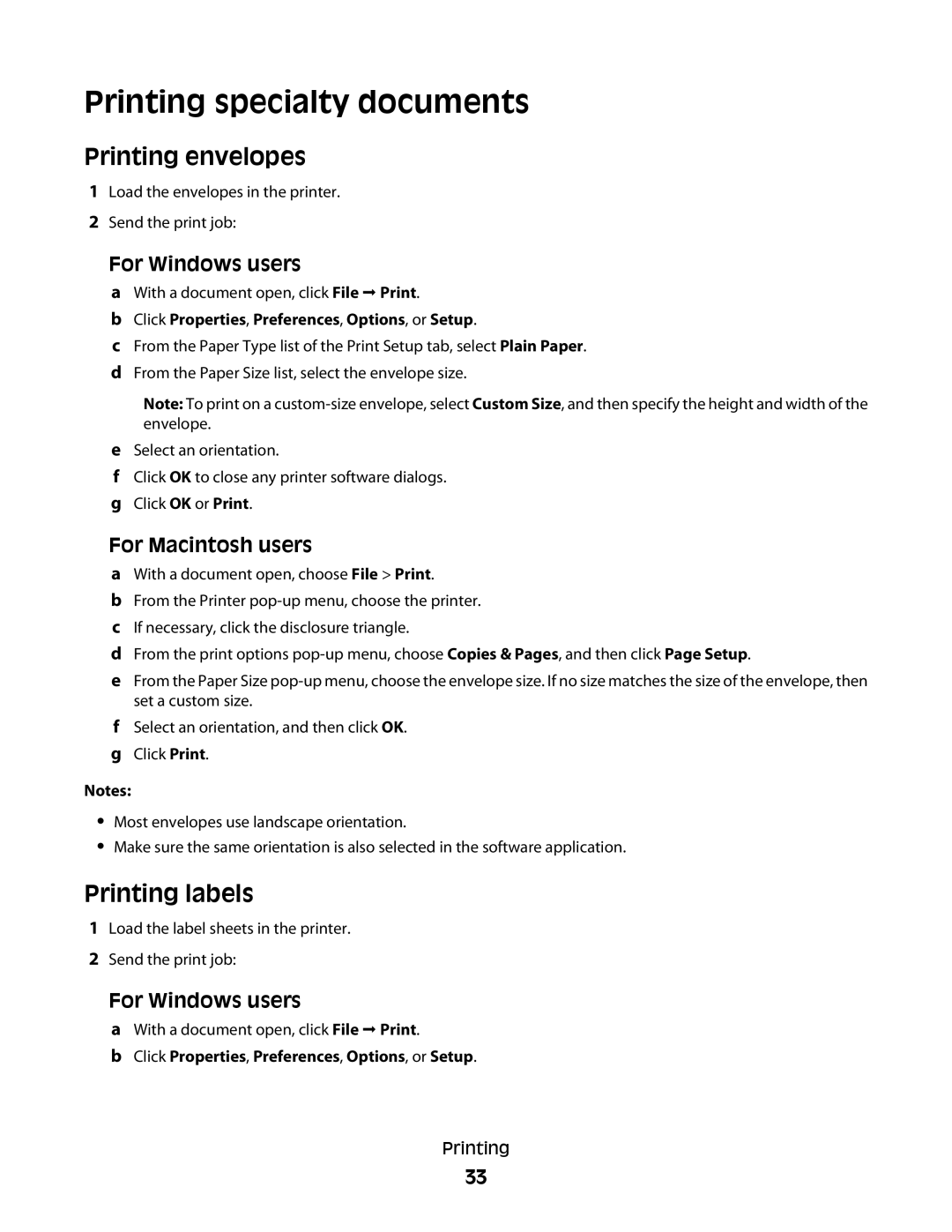 Lexmark 10E, 101 manual Printing specialty documents, Printing envelopes, Printing labels 