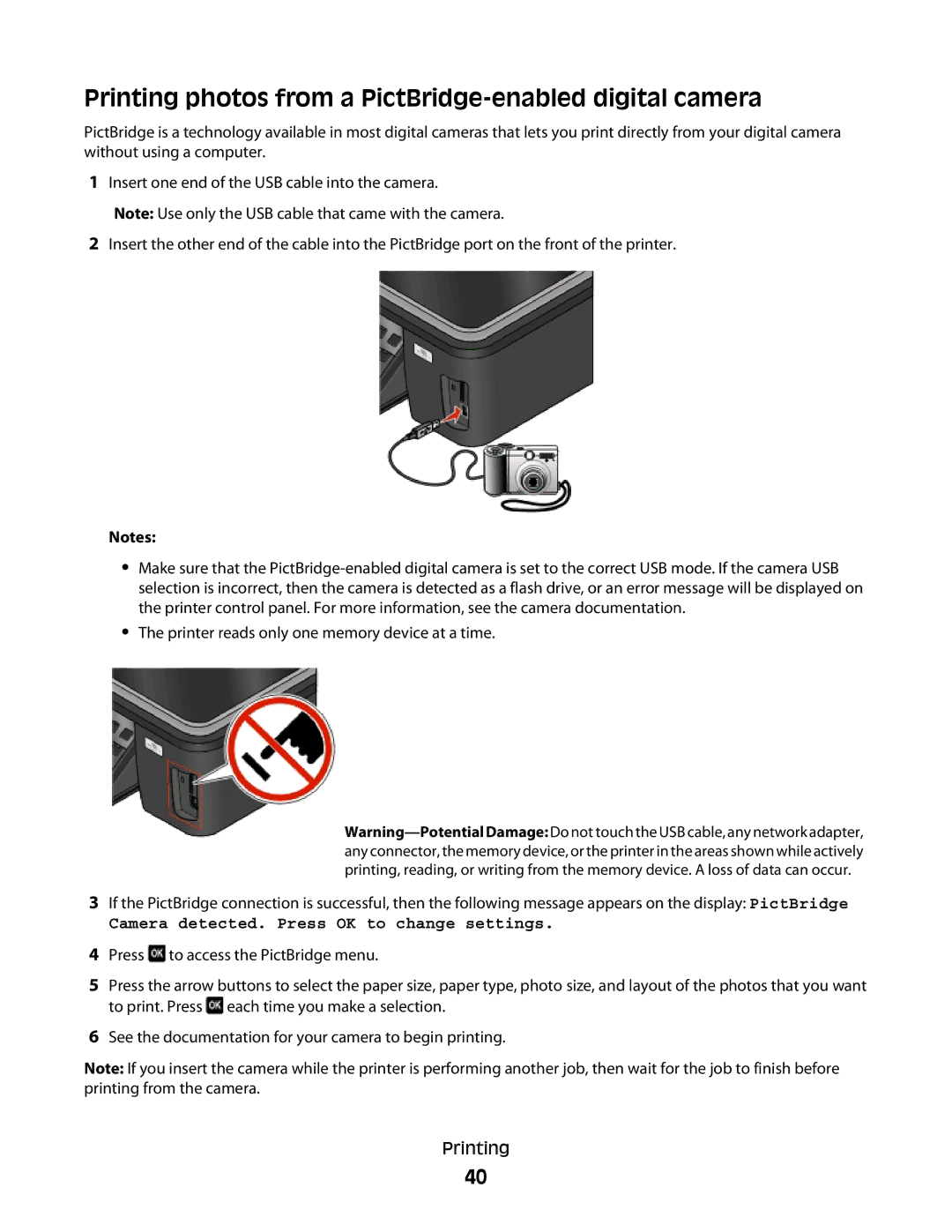 Lexmark 101, 10E Printing photos from a PictBridge-enabled digital camera, Camera detected. Press OK to change settings 