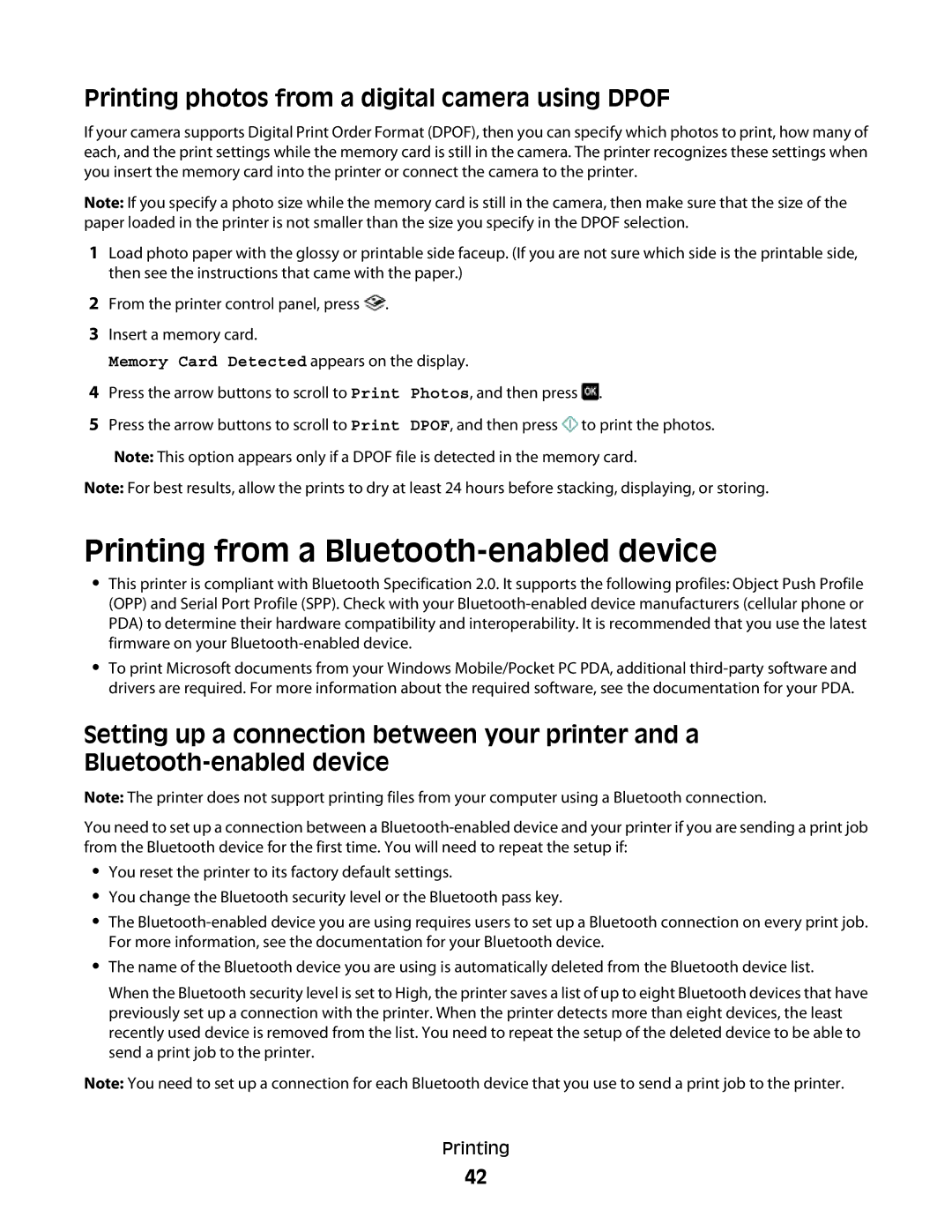 Lexmark 101, 10E manual Printing from a Bluetooth-enabled device, Printing photos from a digital camera using Dpof 