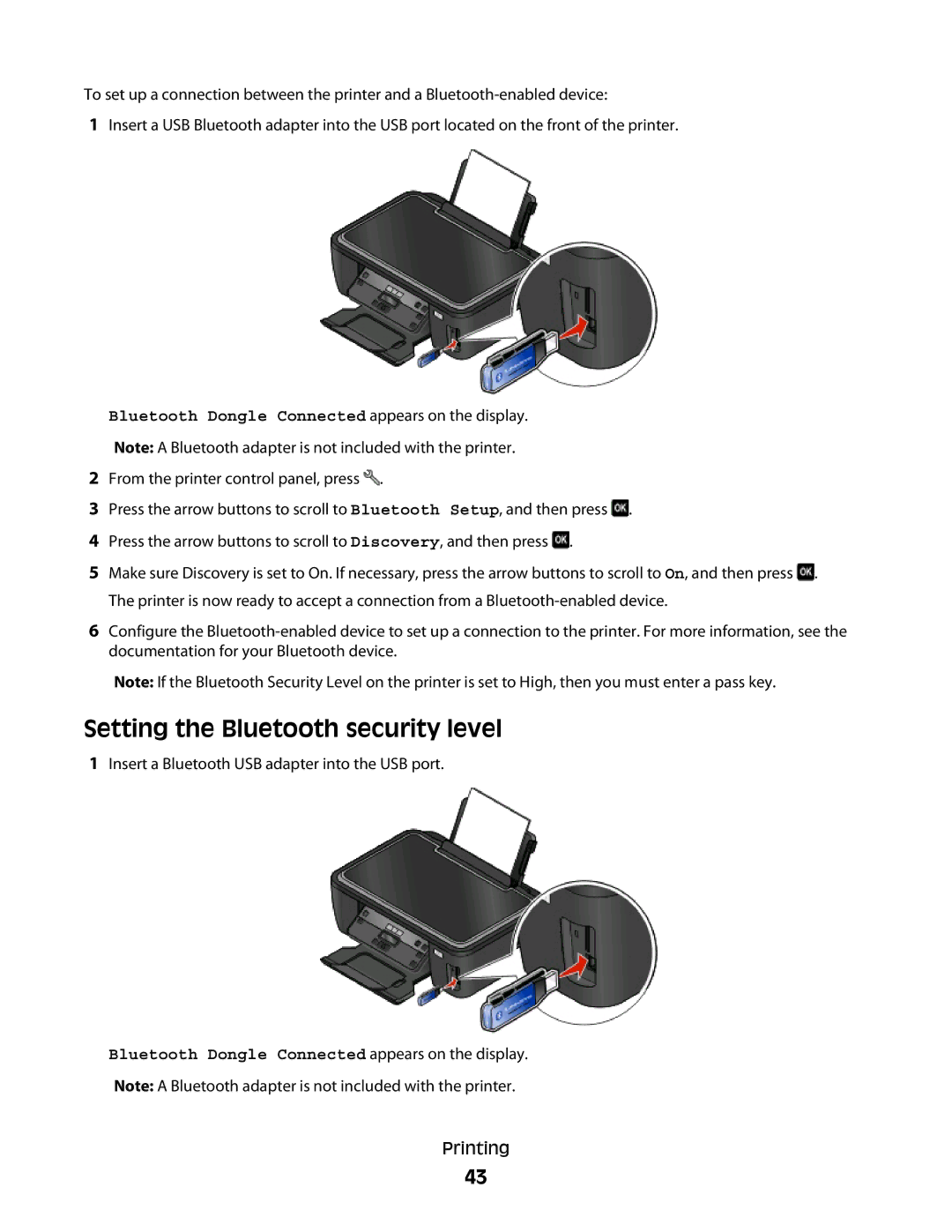 Lexmark 10E, 101 manual Setting the Bluetooth security level, Bluetooth Dongle Connected appears on the display 