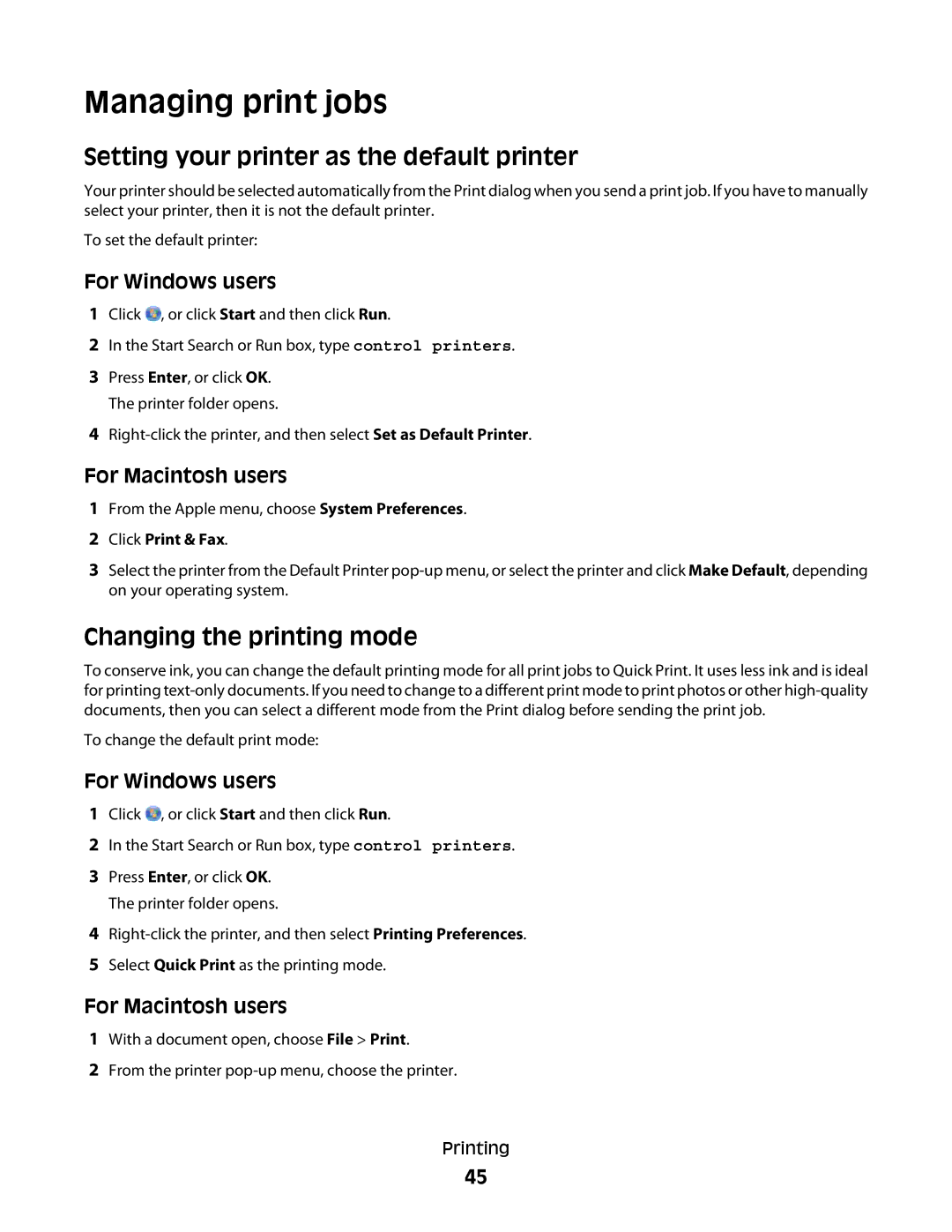 Lexmark 10E, 101 manual Managing print jobs, Setting your printer as the default printer, Changing the printing mode 