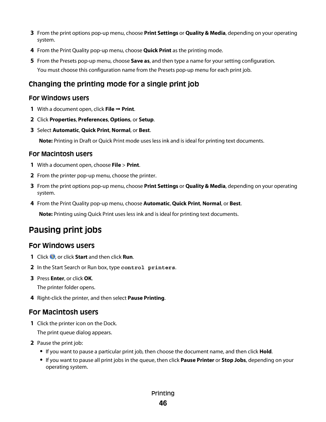 Lexmark 101 Pausing print jobs, Changing the printing mode for a single print job, For Windows users, For Macintosh users 