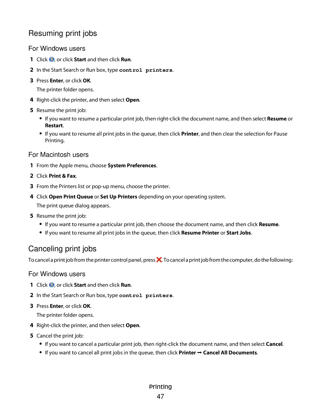 Lexmark 10E, 101 manual Resuming print jobs, Canceling print jobs 