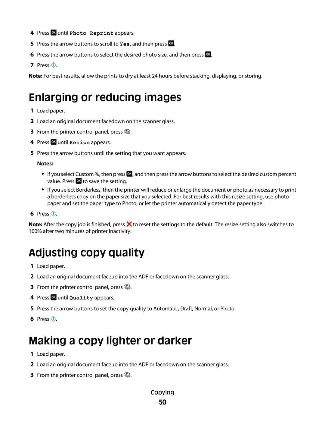 Lexmark 101, 10E manual Enlarging or reducing images, Adjusting copy quality, Making a copy lighter or darker 