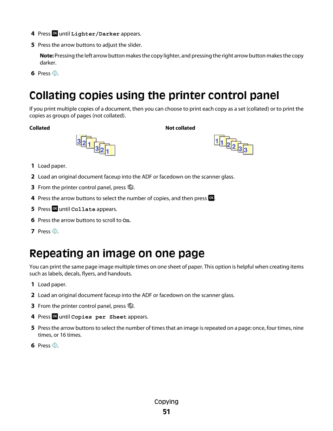 Lexmark 10E, 101 manual Collating copies using the printer control panel, Repeating an image on one 