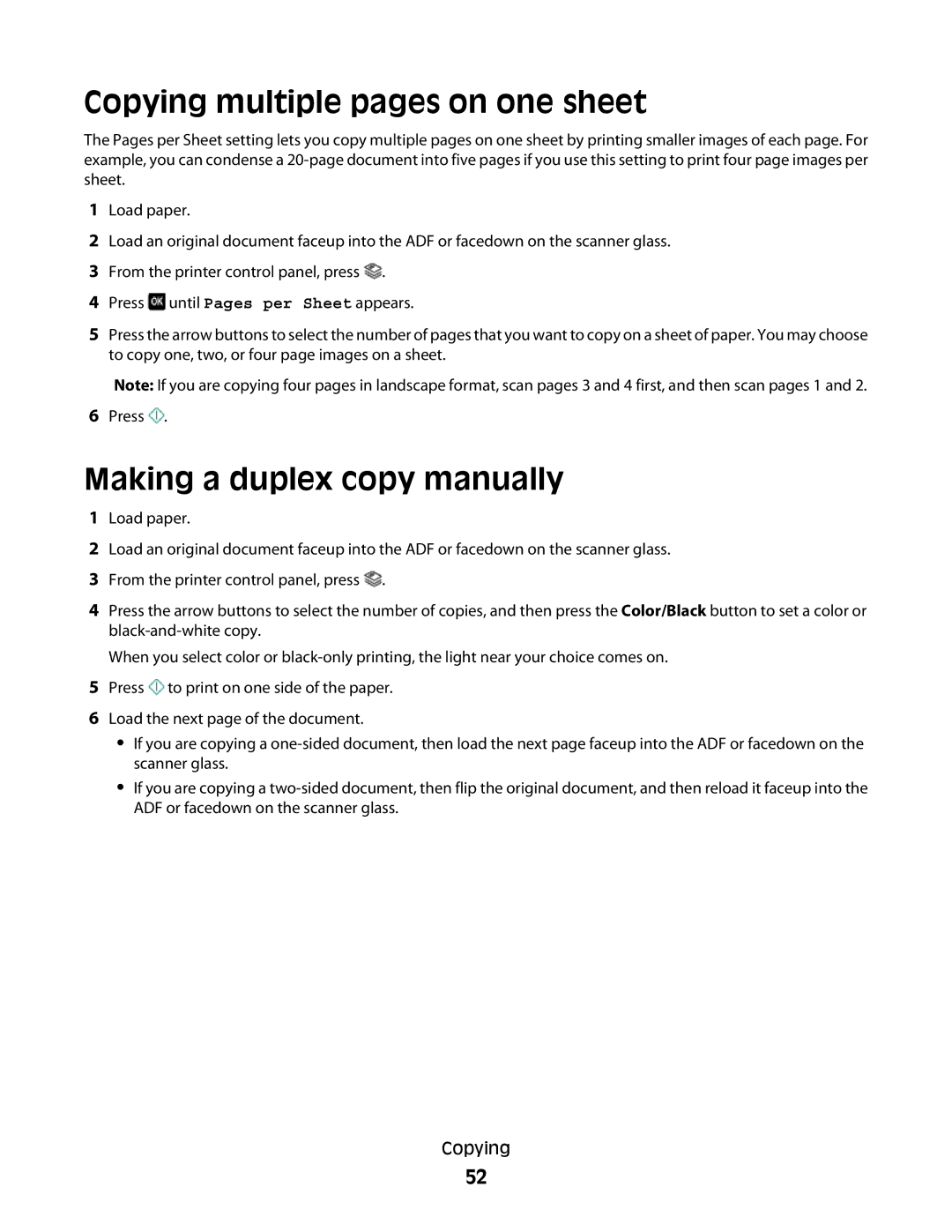 Lexmark 101, 10E Copying multiple pages on one sheet, Making a duplex copy manually 