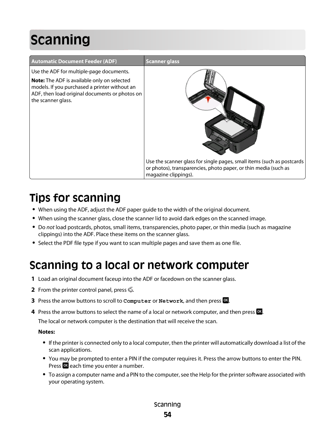 Lexmark 101, 10E manual Scan ning, Tips for scanning, Scanning to a local or network computer 