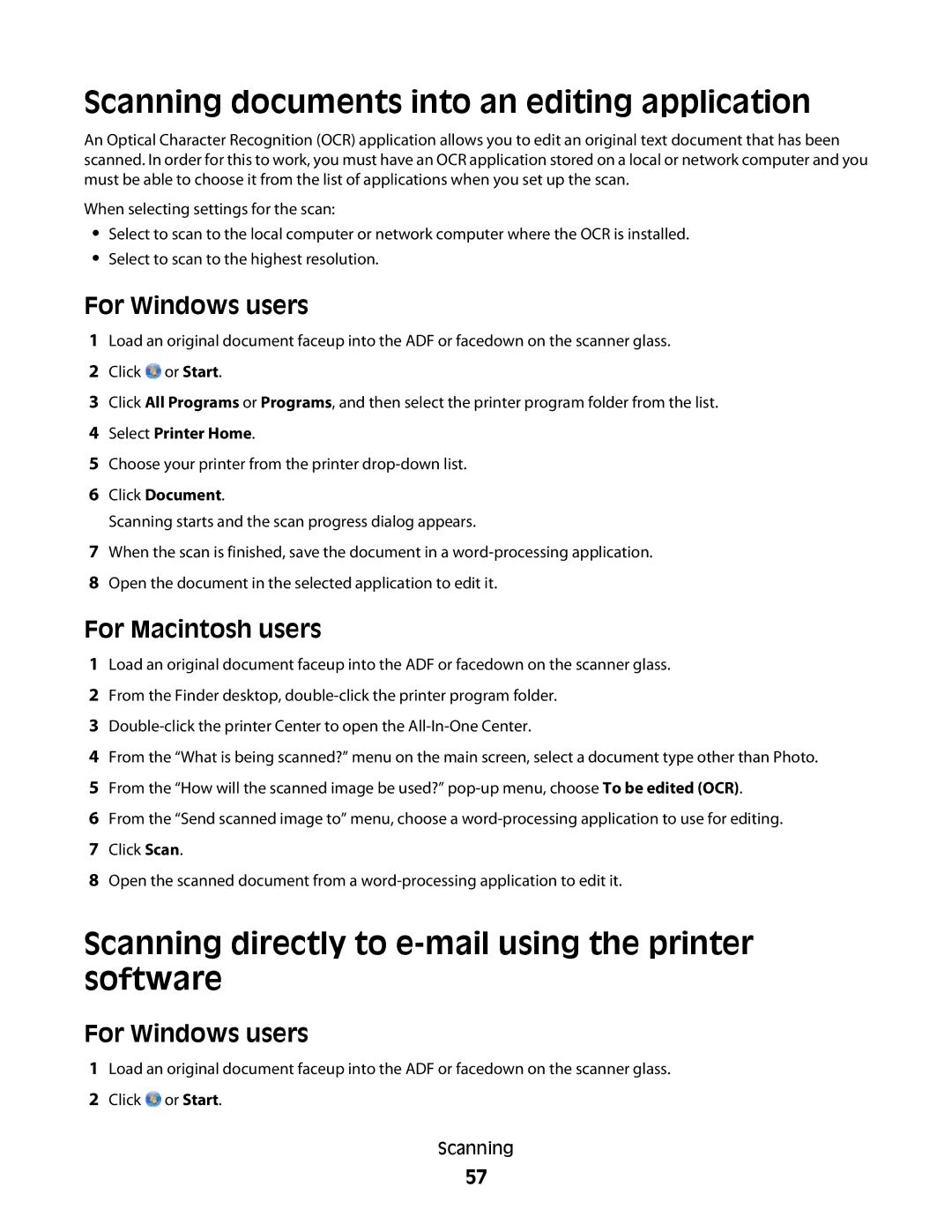 Lexmark 10E, 101 Scanning documents into an editing application, Scanning directly to e-mail using the printer software 