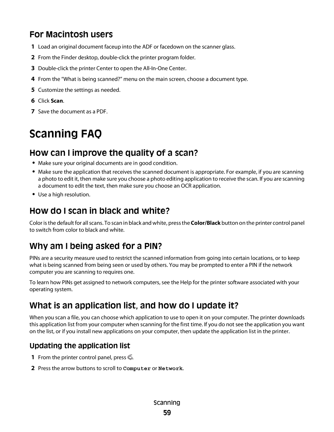 Lexmark 10E, 101 manual Scanning FAQ, How can I improve the quality of a scan?, How do I scan in black and white? 