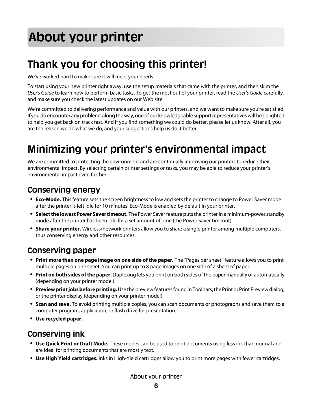 Lexmark 101, 10E Abo ut yo ur prin ter, Thank you for choosing this printer, Minimizing your printers environmental impact 