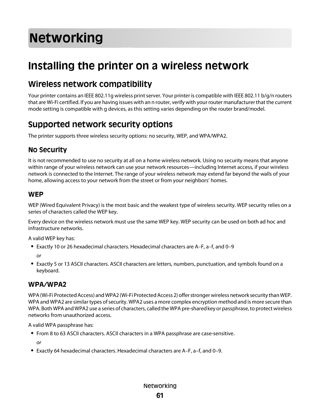 Lexmark 10E, 101 Netwo rking, Installing the printer on a wireless network, Wireless network compatibility, No Security 