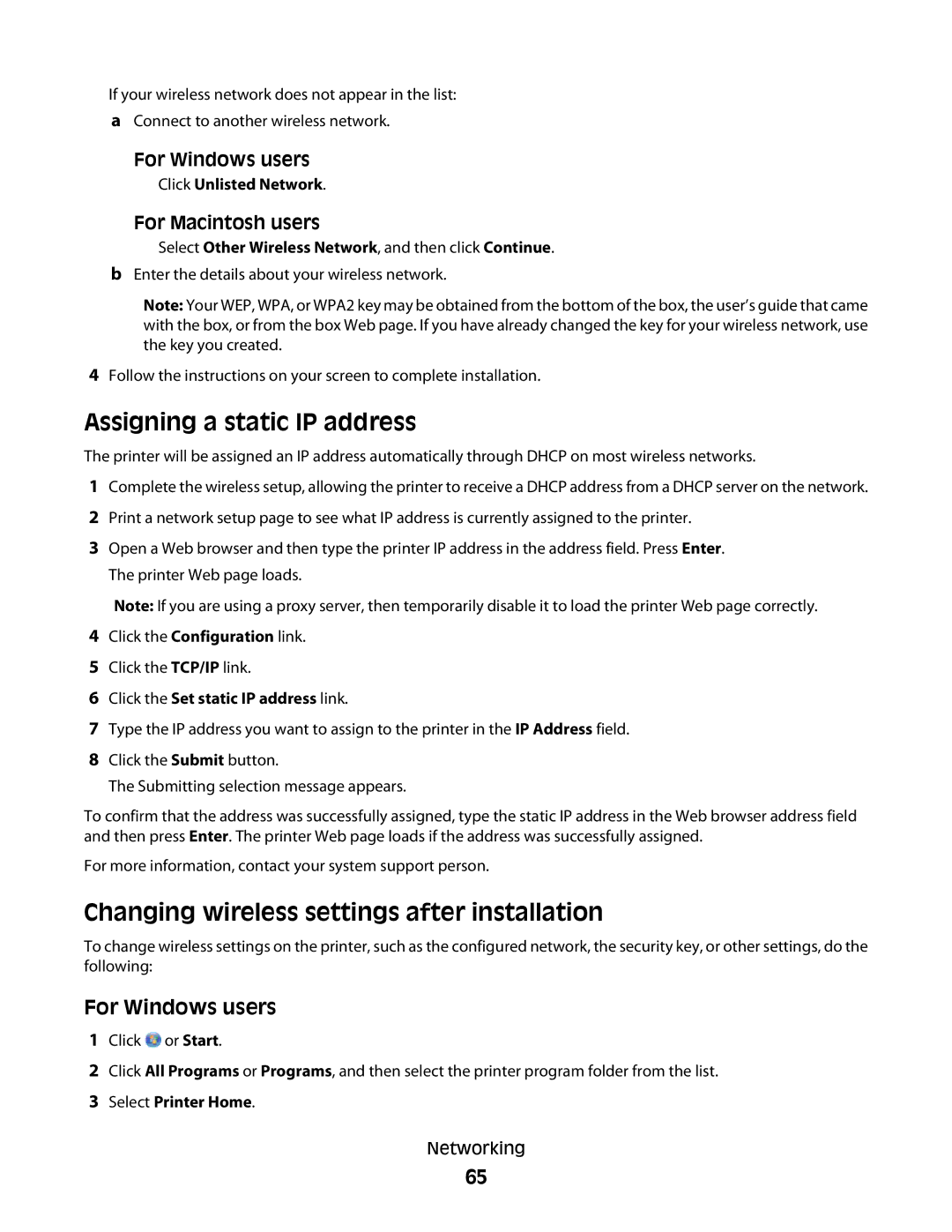 Lexmark 10E, 101 manual Assigning a static IP address, Changing wireless settings after installation, Click Unlisted Network 