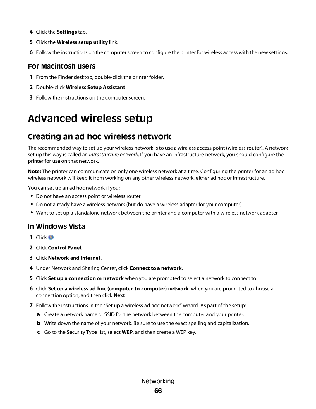 Lexmark 101, 10E manual Advanced wireless setup, Creating an ad hoc wireless network, Windows Vista 