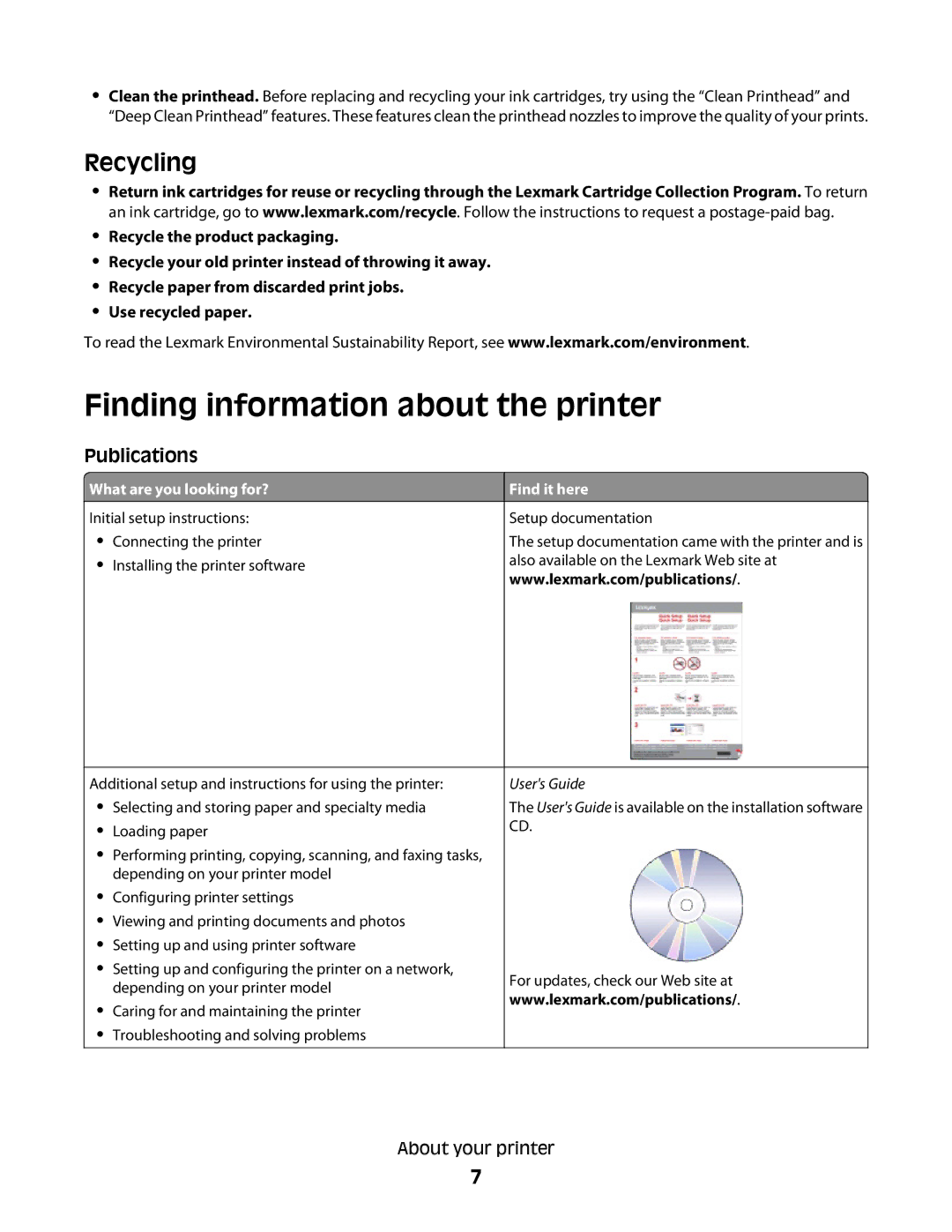 Lexmark 10E, 101 manual Finding information about the printer, Recycling, Publications 