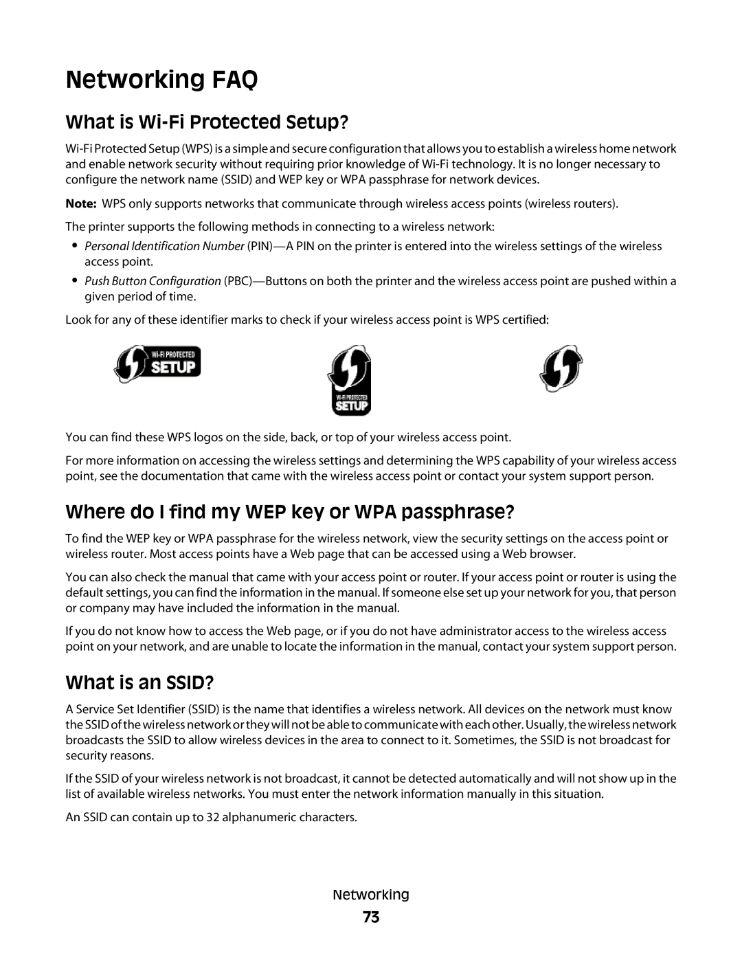 Lexmark 10E, 101 manual Networking FAQ, What is Wi-Fi Protected Setup?, Where do I find my WEP key or WPA passphrase? 