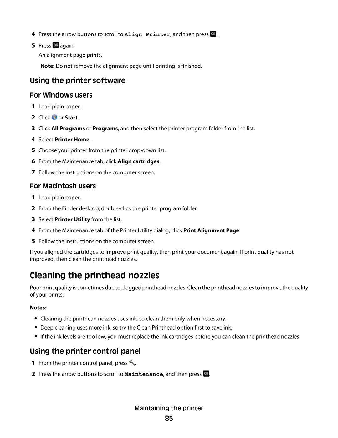 Lexmark 10E, 101 manual Cleaning the printhead nozzles 