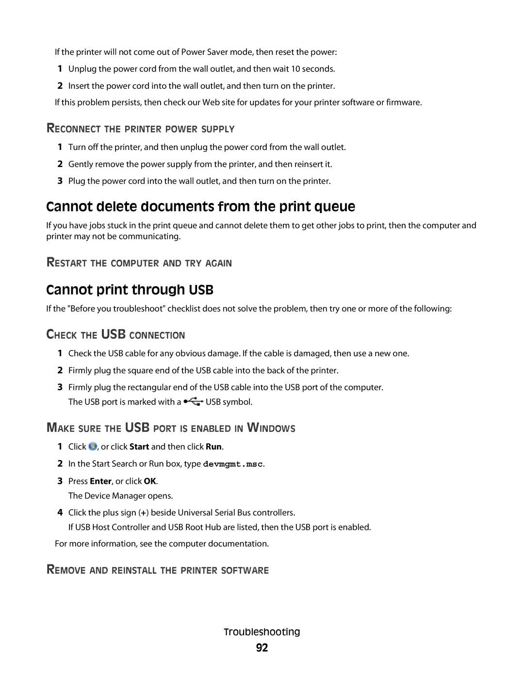 Lexmark 101 Cannot delete documents from the print queue, Cannot print through USB, Restart the Computer and TRY Again 