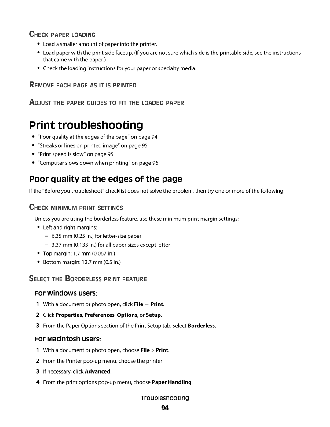 Lexmark 101, 10E manual Print troubleshooting, Poor quality at the edges, Check Paper Loading, Check Minimum Print Settings 