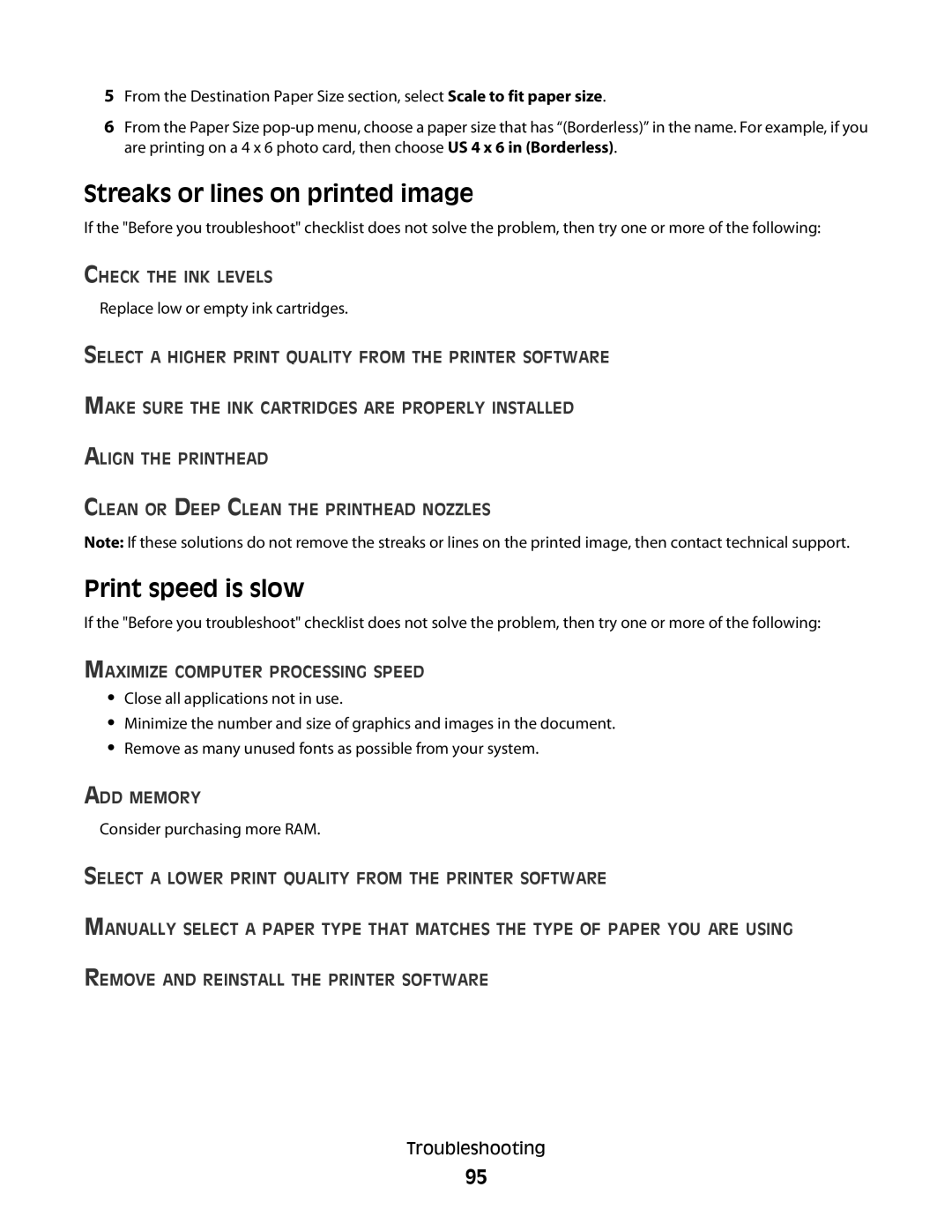 Lexmark 10E, 101 manual Streaks or lines on printed image, Print speed is slow, Check the INK Levels, ADD Memory 