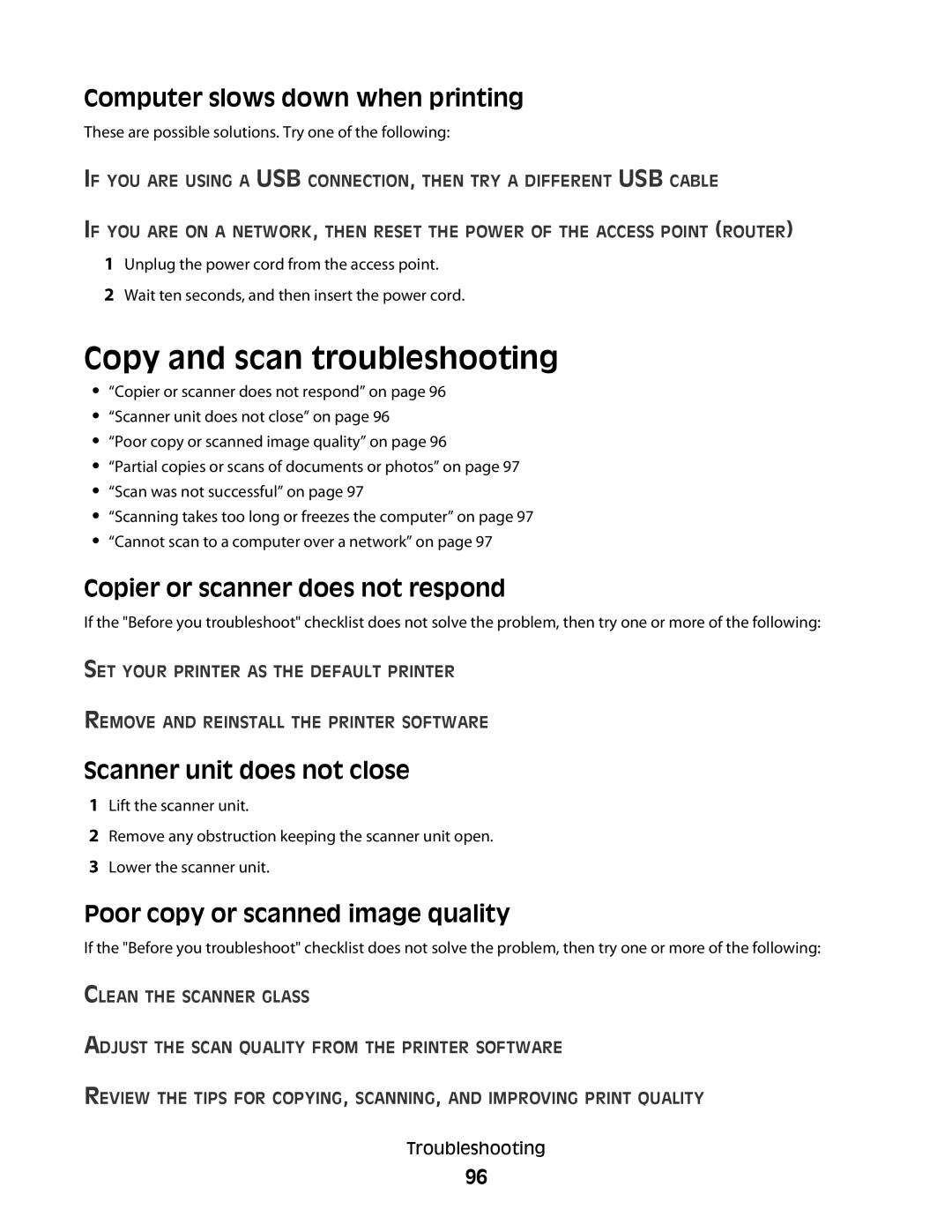 Lexmark 101, 10E manual Copy and scan troubleshooting, Computer slows down when printing, Copier or scanner does not respond 