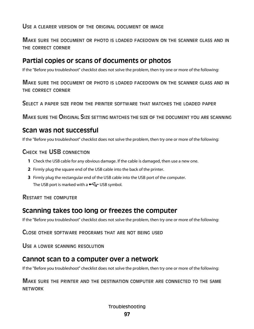 Lexmark 10E, 101 manual Partial copies or scans of documents or photos, Scan was not successful, Restart the Computer 