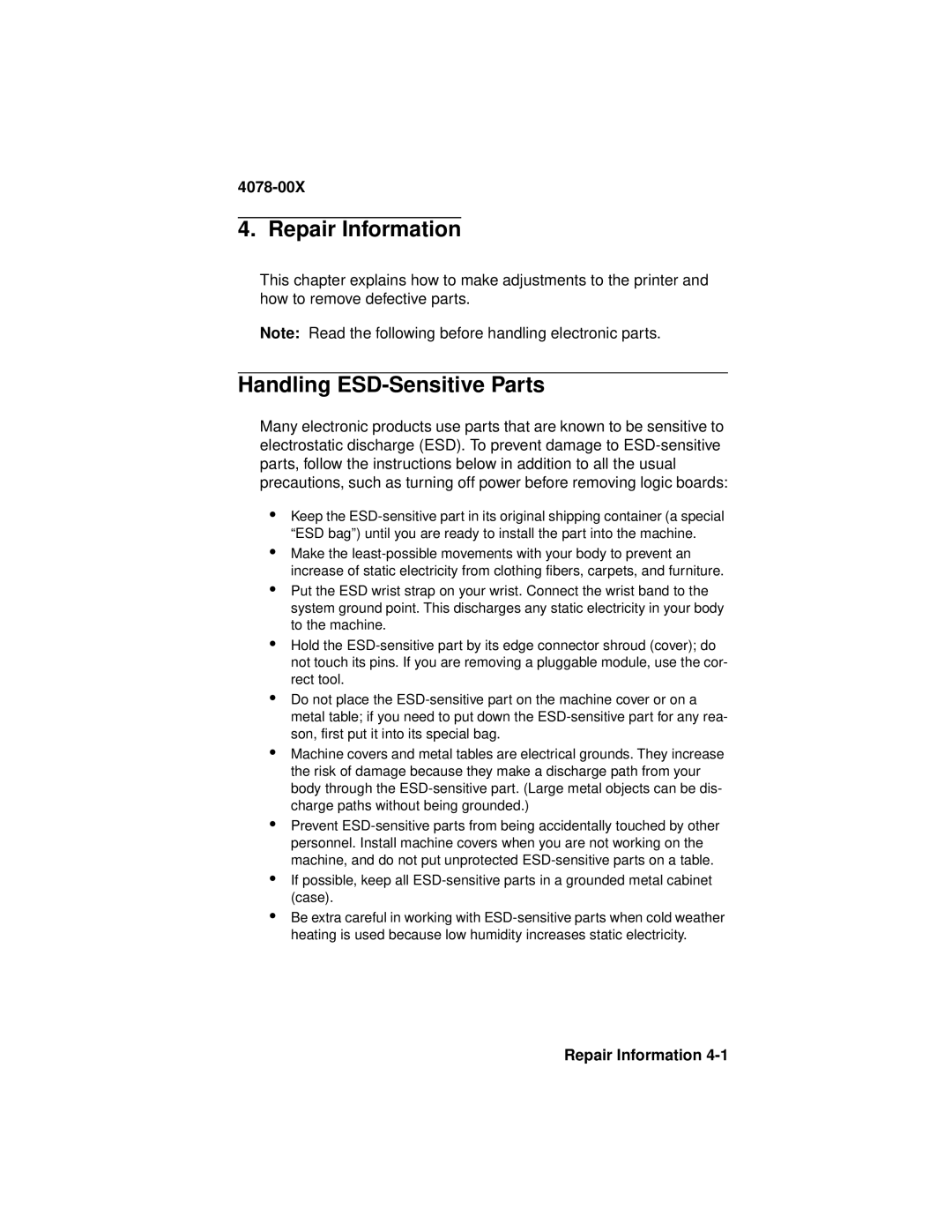 Lexmark 1020 manual Repair Information, Handling ESD-Sensitive Parts 