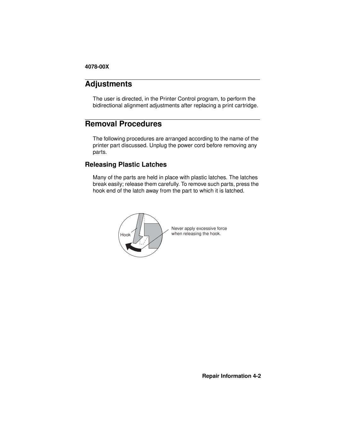 Lexmark 1020 manual Adjustments, Removal Procedures, Releasing Plastic Latches 