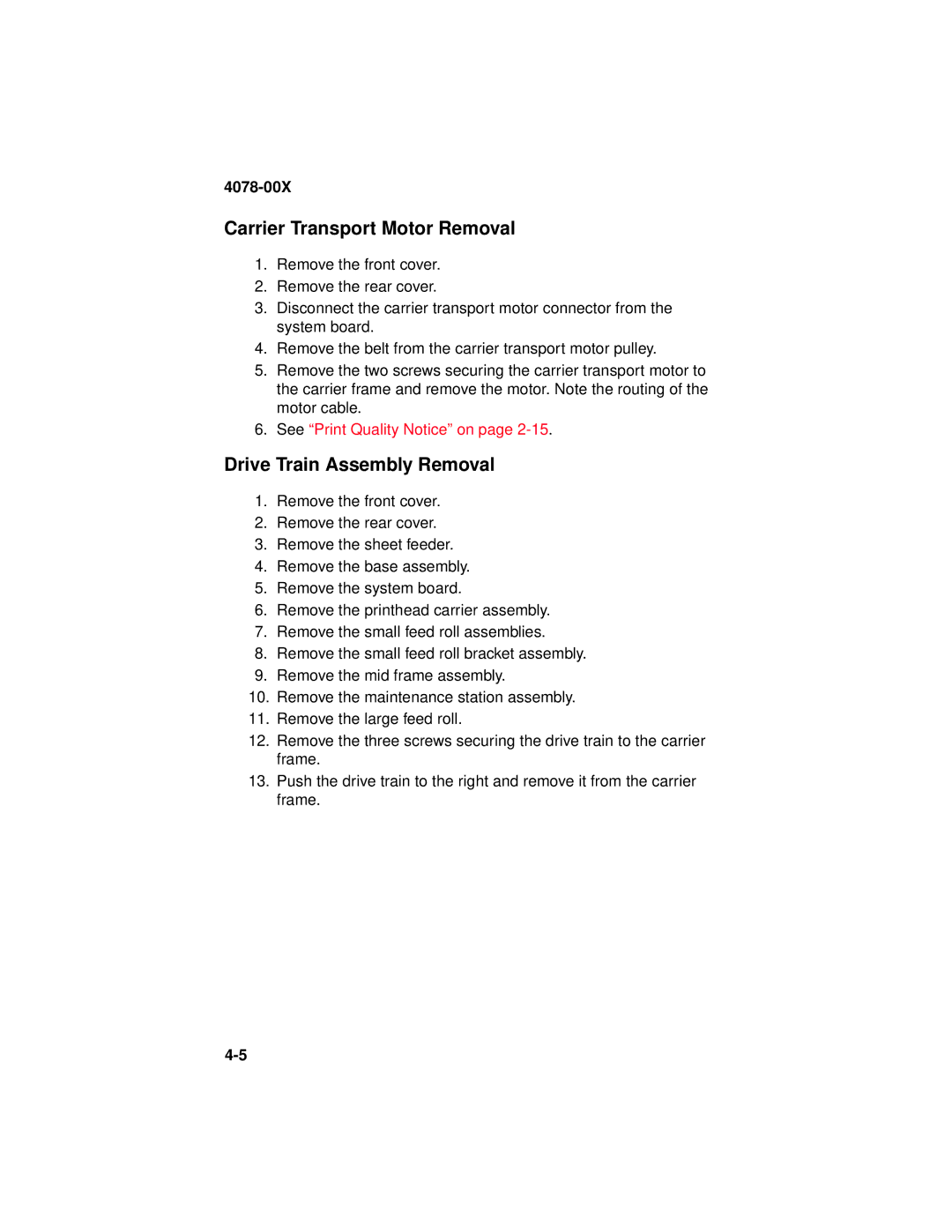 Lexmark 1020 manual Carrier Transport Motor Removal, Drive Train Assembly Removal 