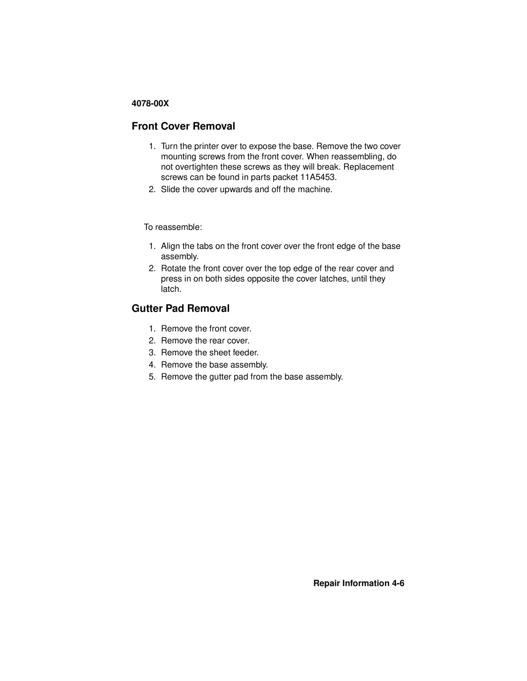 Lexmark 1020 manual Front Cover Removal, Gutter Pad Removal 