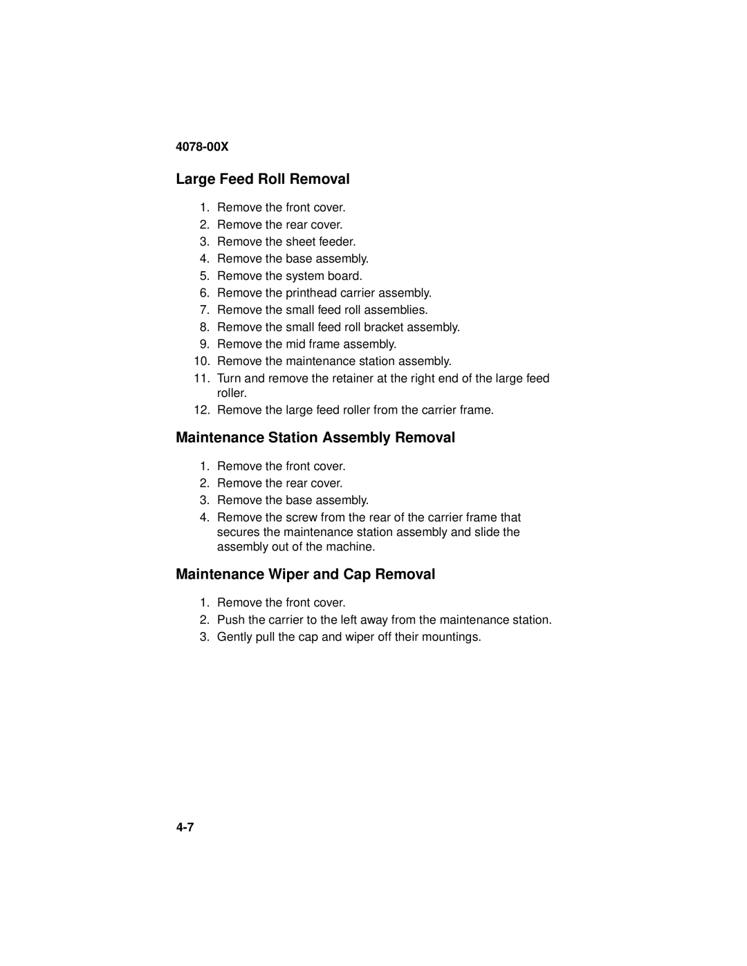 Lexmark 1020 manual Large Feed Roll Removal, Maintenance Station Assembly Removal, Maintenance Wiper and Cap Removal 