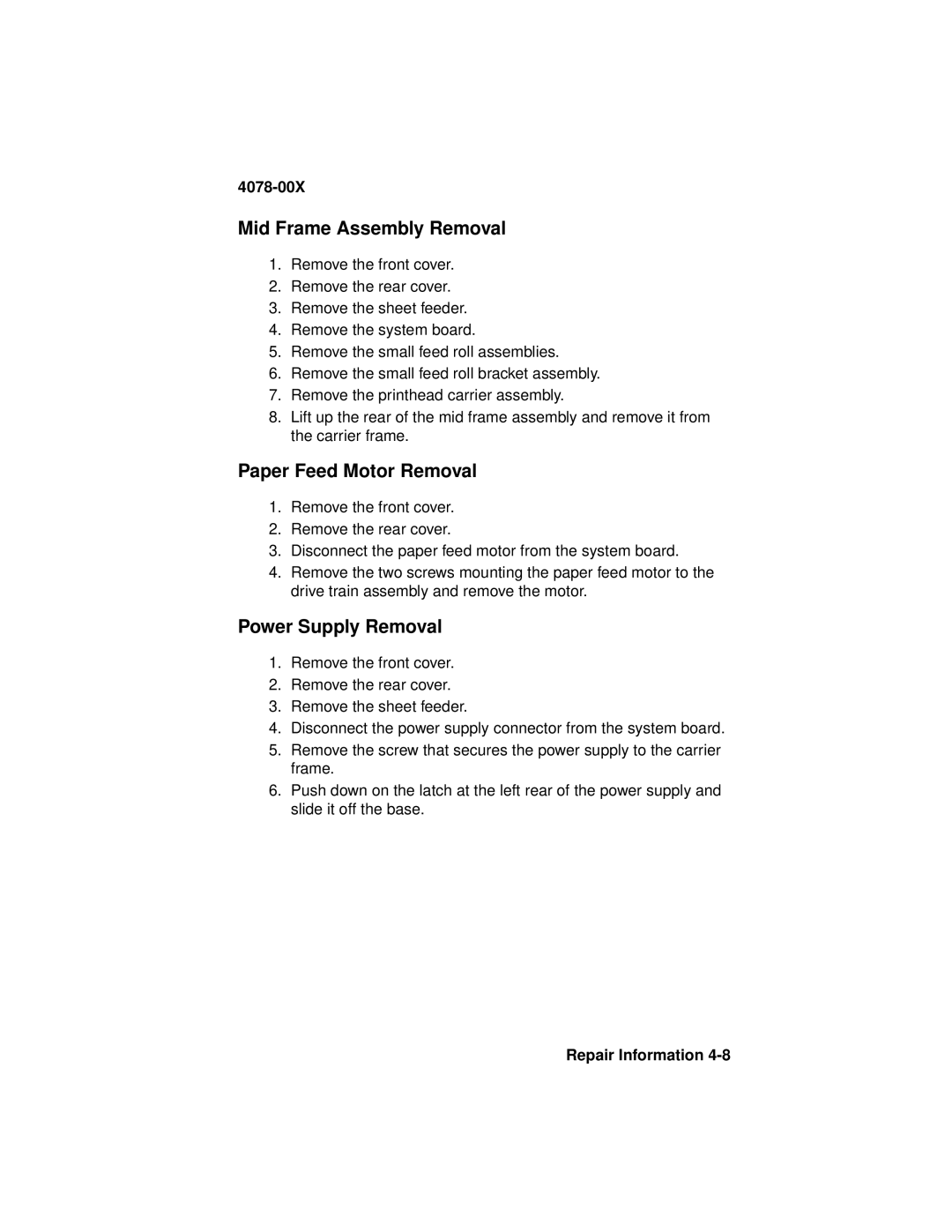 Lexmark 1020 manual Mid Frame Assembly Removal, Paper Feed Motor Removal, Power Supply Removal 