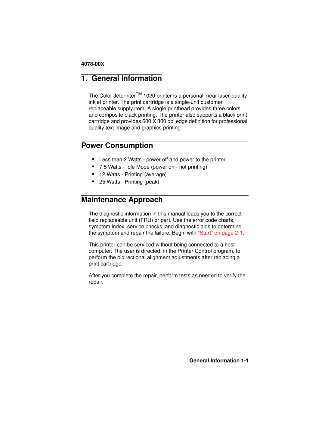 Lexmark 1020 manual General Information, Power Consumption, Maintenance Approach 