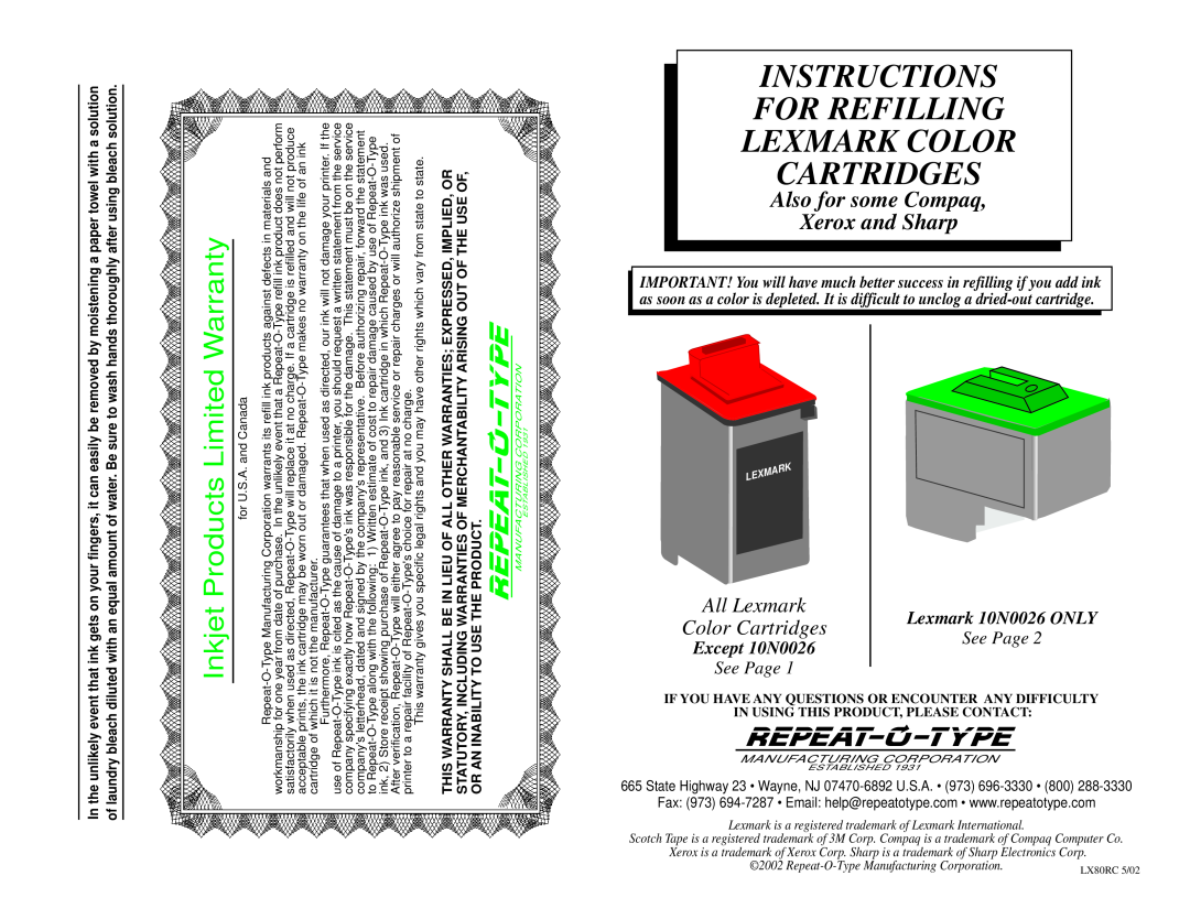 Lexmark 10N0026 warranty paper towel with a solution, after using bleach solution, Cartridges, All Lexmark, See Page 