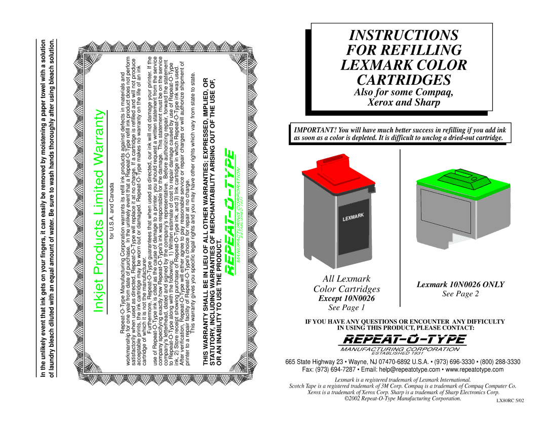 Lexmark 10N0026 warranty Inkjet Products Limited Warranty, Paper towel with a solution After using bleach solution 