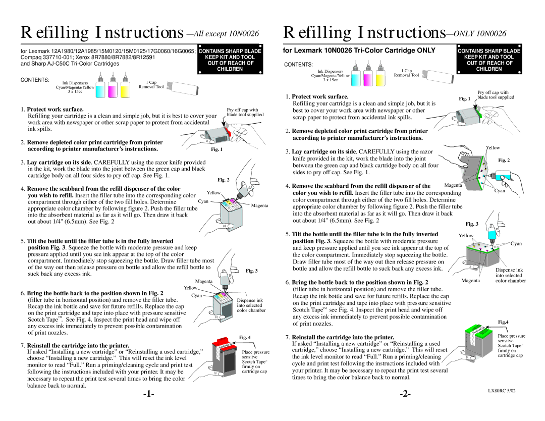 Lexmark warranty Refilling Instructions -All except 10N0026, Refilling Instructions-ONLY 10N0026 