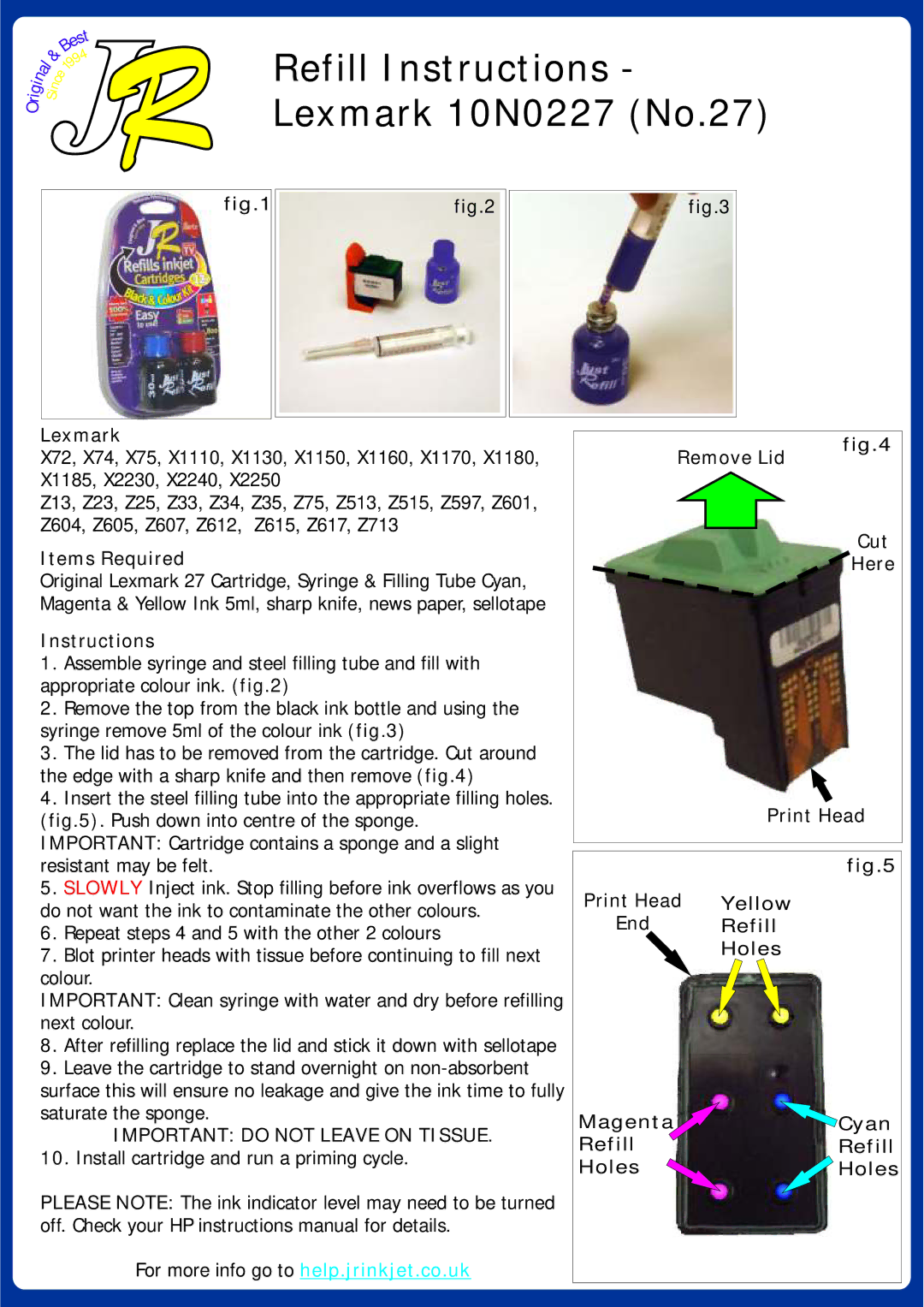 Lexmark manual Refill Instructions Lexmark 10N0227 No.27, Important do not Leave on Tissue 