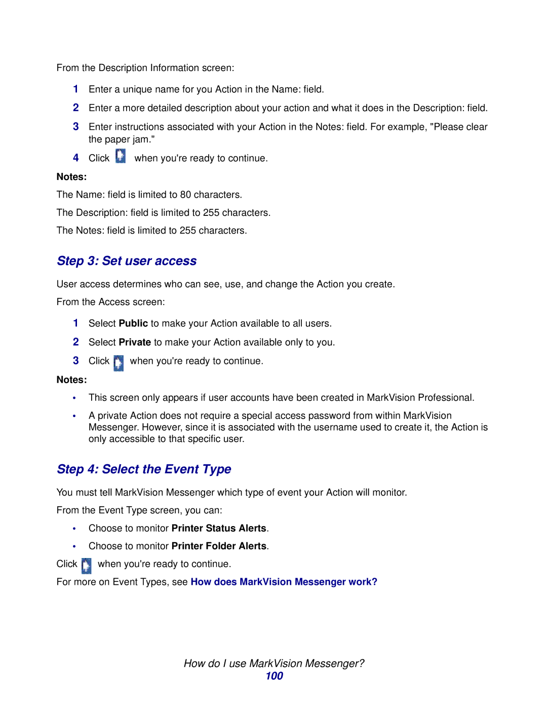 Lexmark 11 manual Set user access, Select the Event Type, 100 