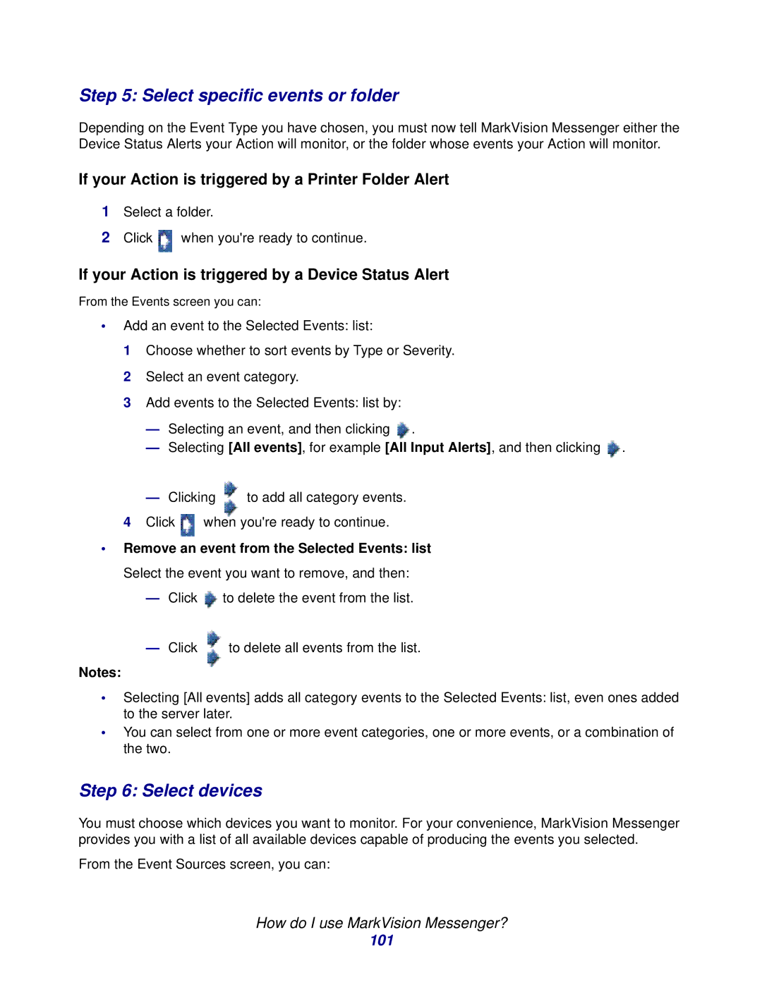 Lexmark 11 Select specific events or folder, Select devices, If your Action is triggered by a Printer Folder Alert, 101 