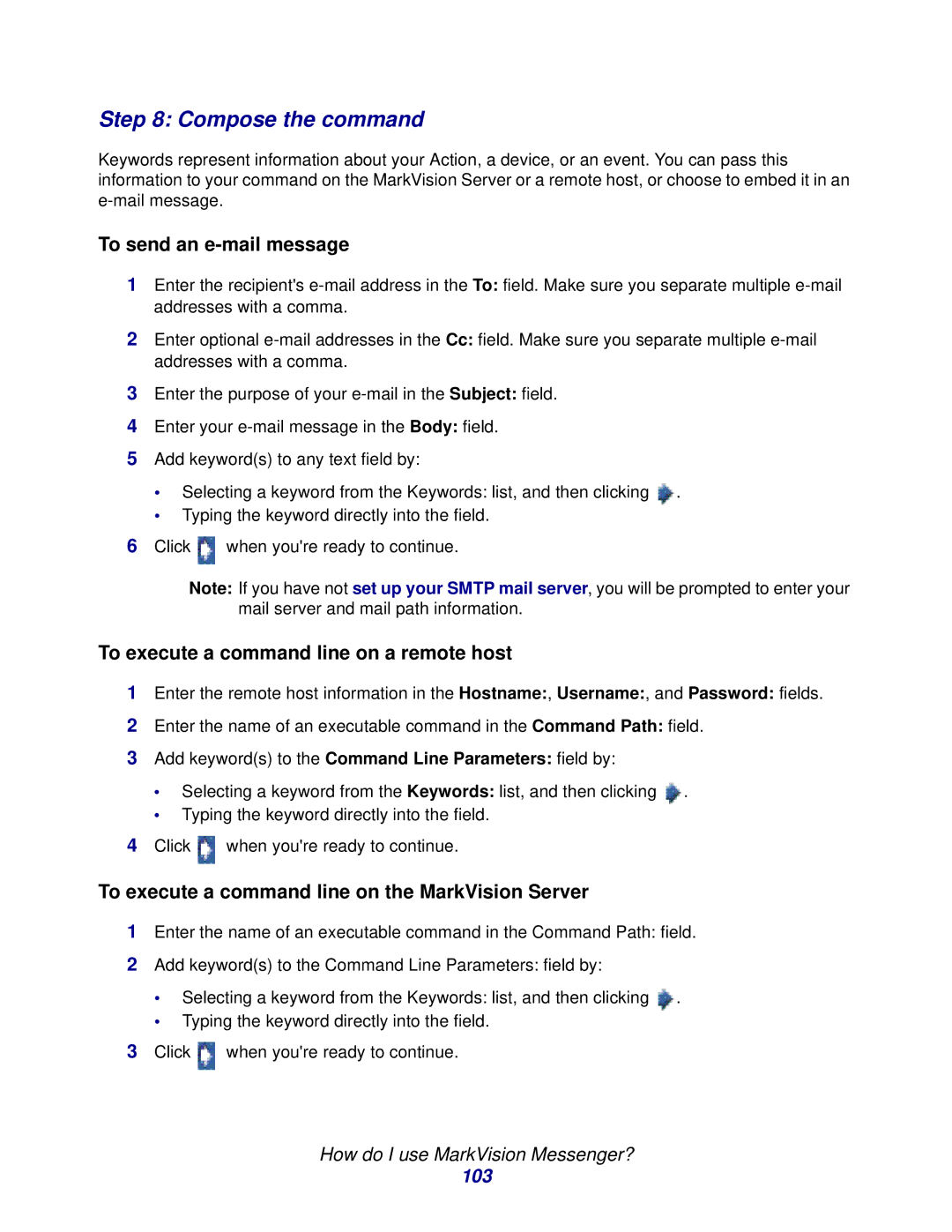 Lexmark 11 manual Compose the command, To send an e-mail message, To execute a command line on a remote host, 103 