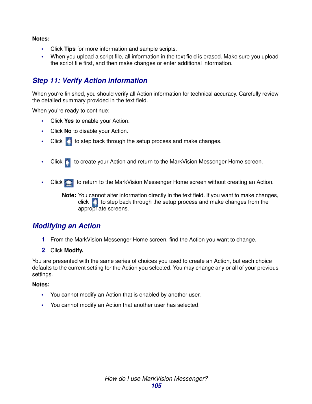 Lexmark 11 manual Verify Action information, Modifying an Action, 105, Click Modify 