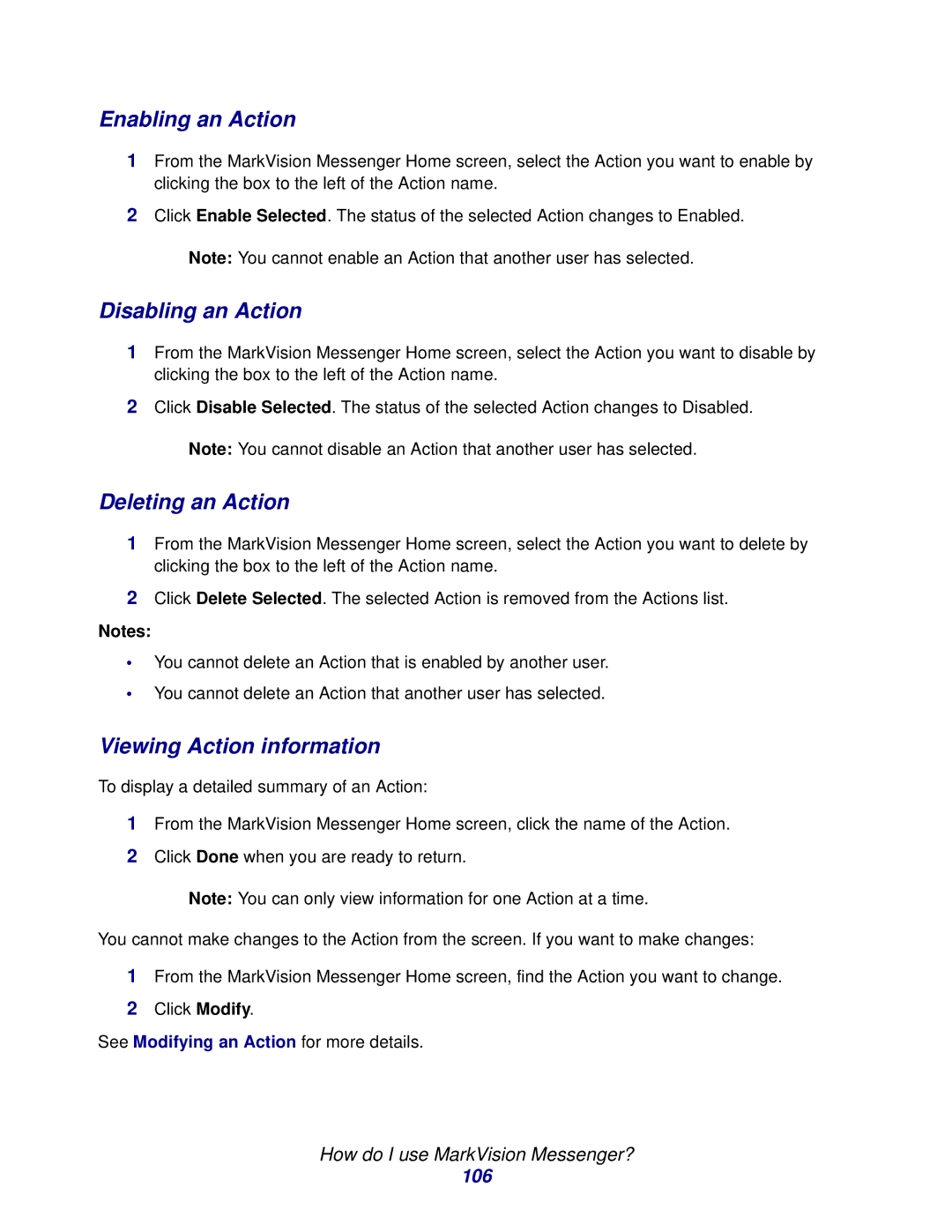 Lexmark 11 manual Enabling an Action, Disabling an Action, Deleting an Action, Viewing Action information, 106 