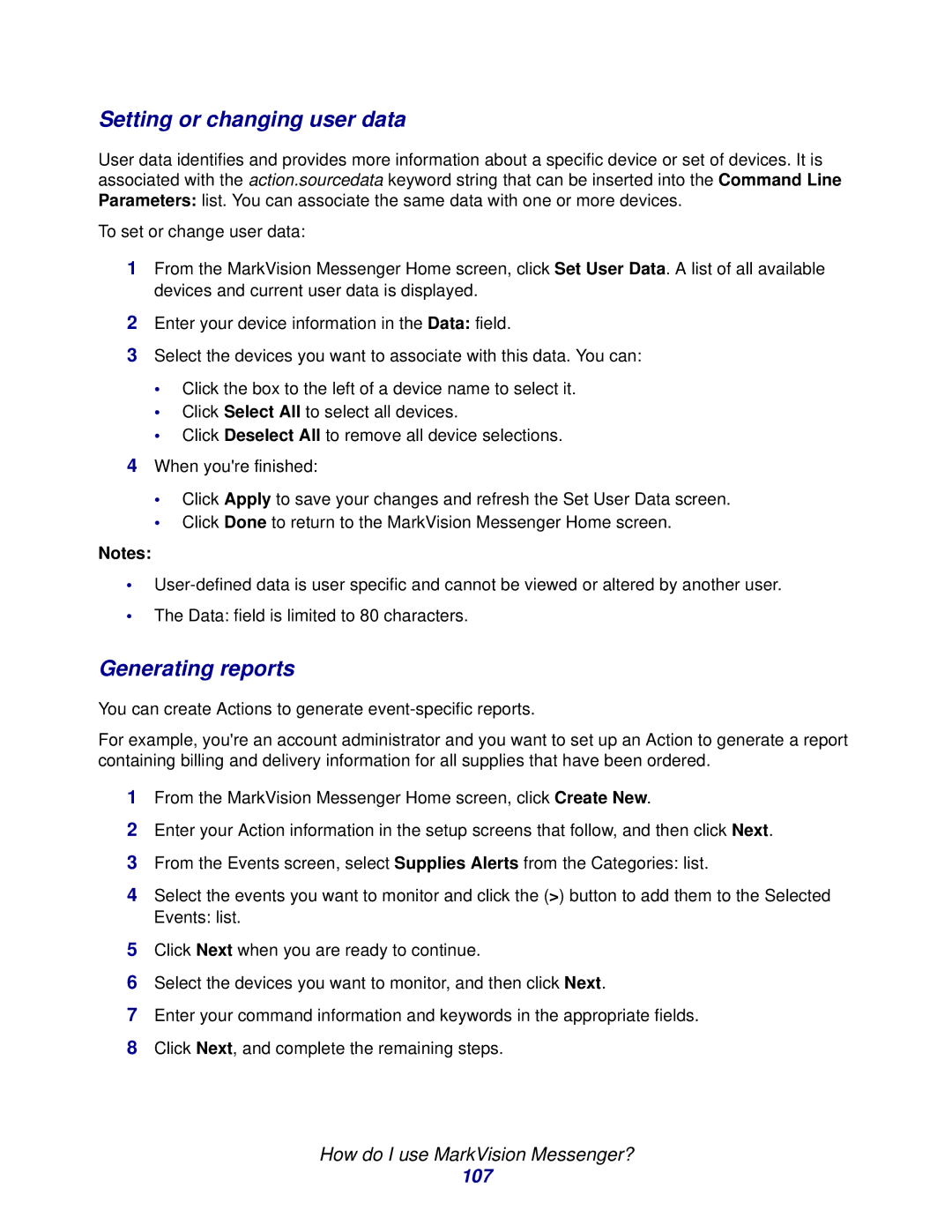 Lexmark 11 manual Setting or changing user data, Generating reports, 107 