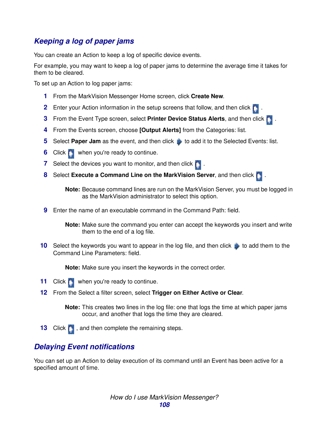 Lexmark 11 manual Keeping a log of paper jams, Delaying Event notifications, 108 