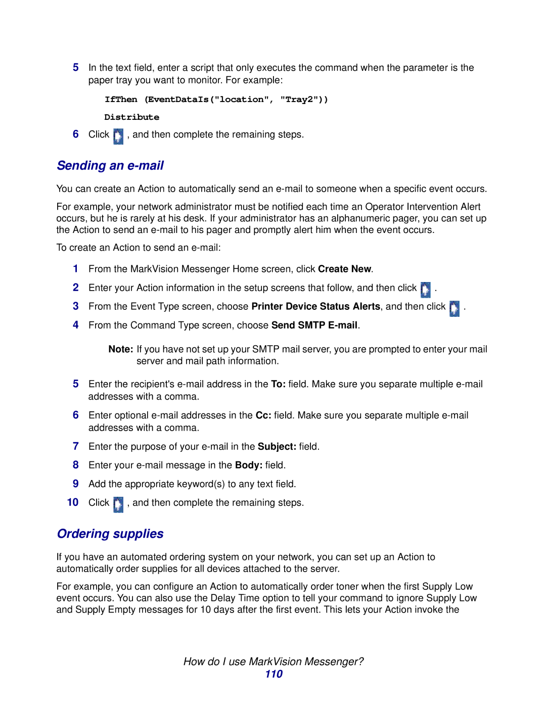 Lexmark manual Sending an e-mail, Ordering supplies, 110 