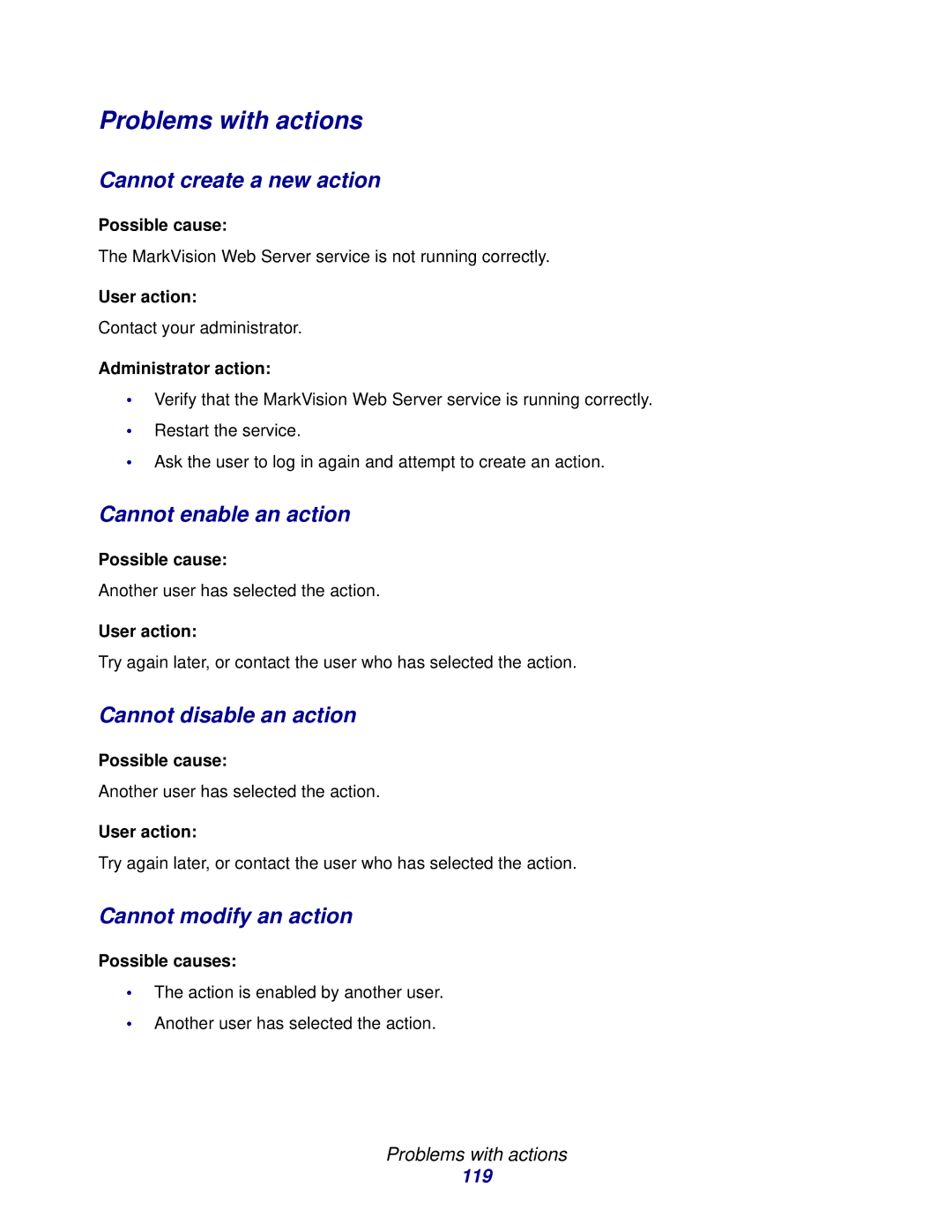 Lexmark 11 manual Problems with actions, Cannot create a new action, Cannot enable an action, Cannot disable an action 