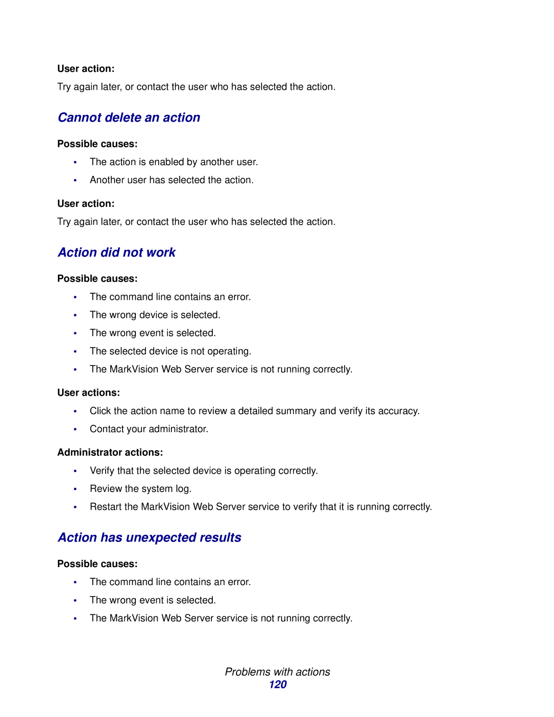 Lexmark 11 manual Cannot delete an action, Action did not work, Action has unexpected results, 120 